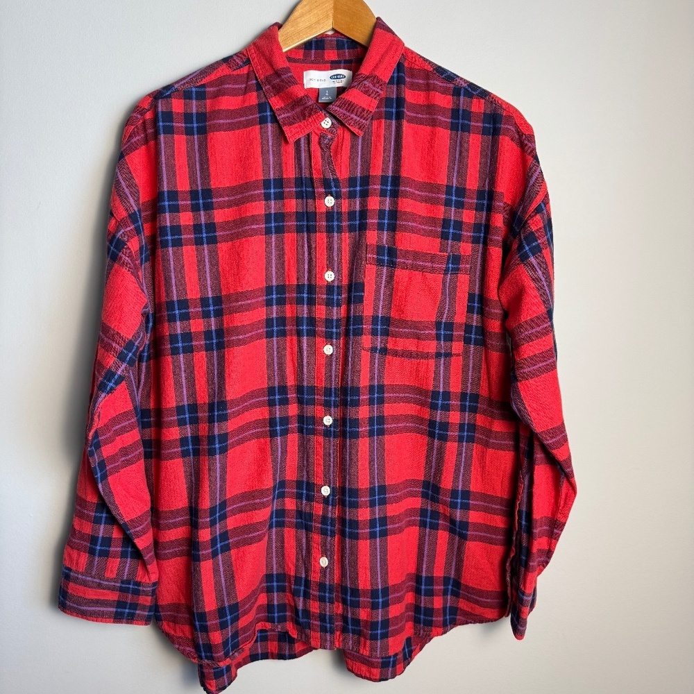 Old Navy Women's‎ Large Red Plaid BOYFRIEND Button Up Flannel Shirt Casual Relax